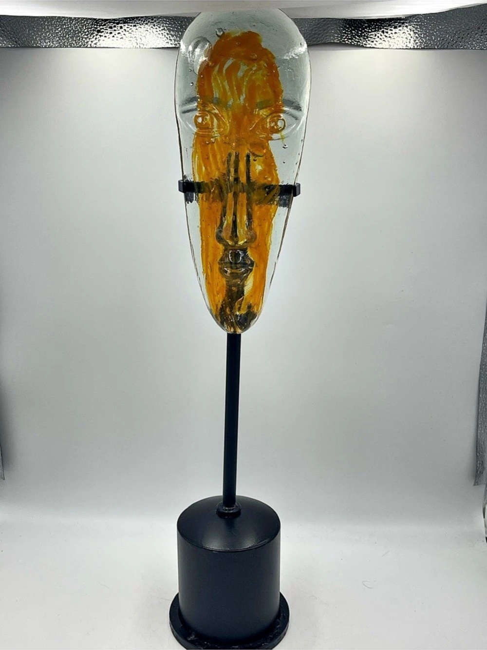 VTG Jaramillo Brothers Mexican
Art Glass Amber Face Mask Sculpture Candle Holder